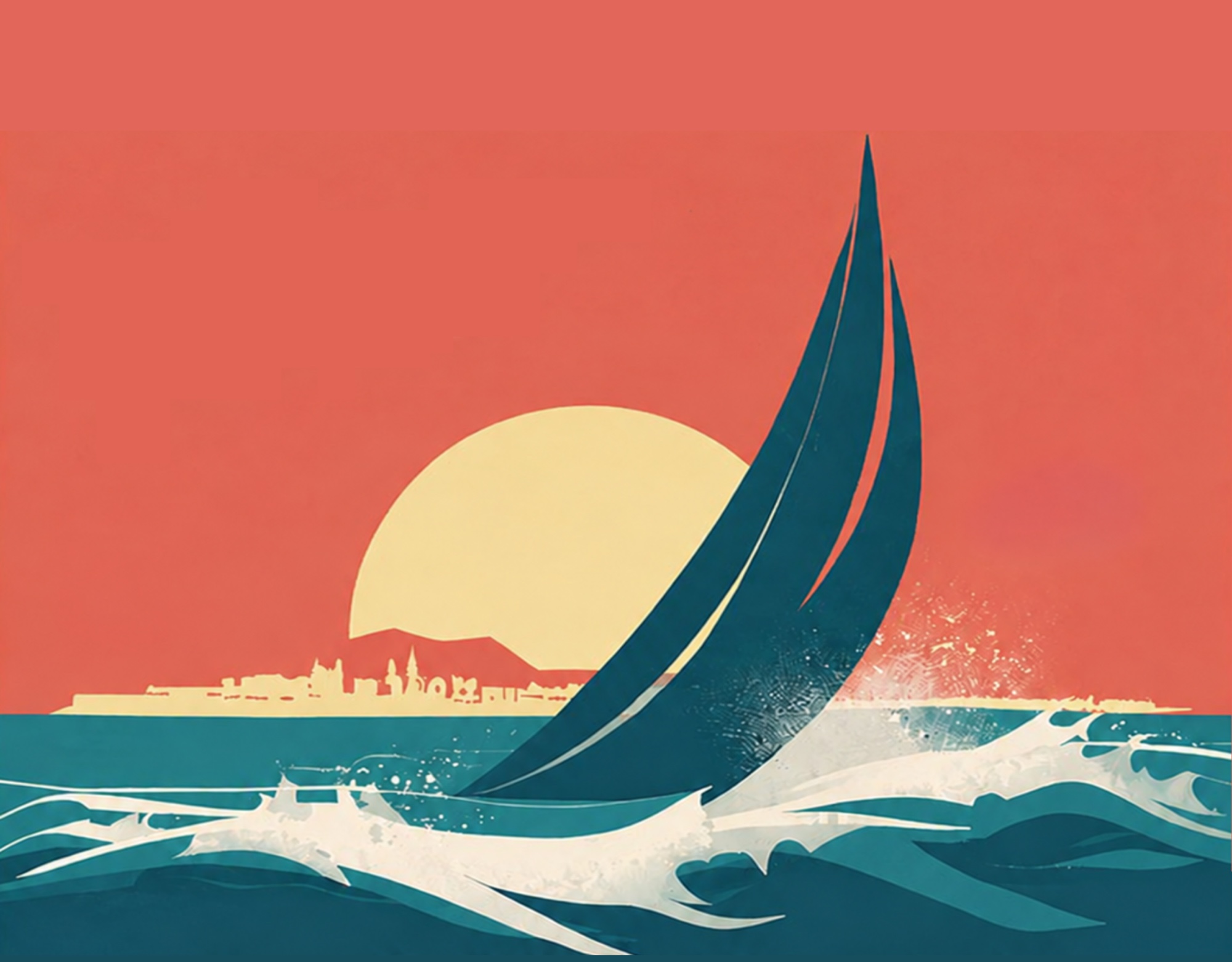 Illustration of a sailing boat heeling through the waves in front of the setting sun and the Marseille skyline